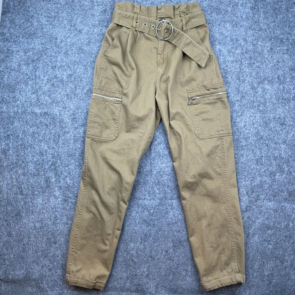Haute Monde Pants Womens Medium Khaki High Rise Belted Baggy Pleated Cargo